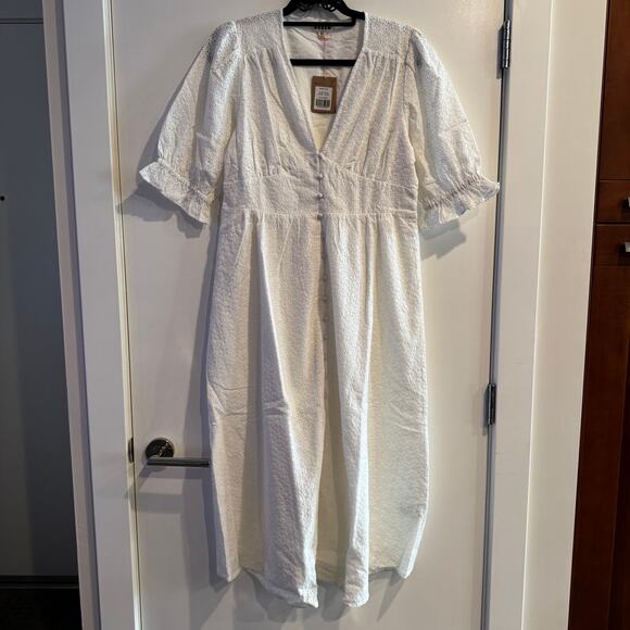 New Boden Broderie Midi Tea Dress White Eyelet Button Front Short Sleeve Sz 8